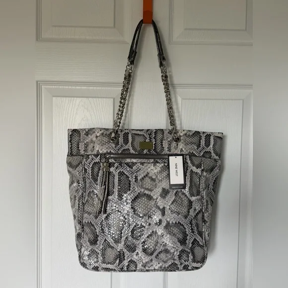 🆕 NINE WEST Caroline Faux Leather Snakeskin Tote NWT Large Purse HandBag Grey - Picture 1 of 15